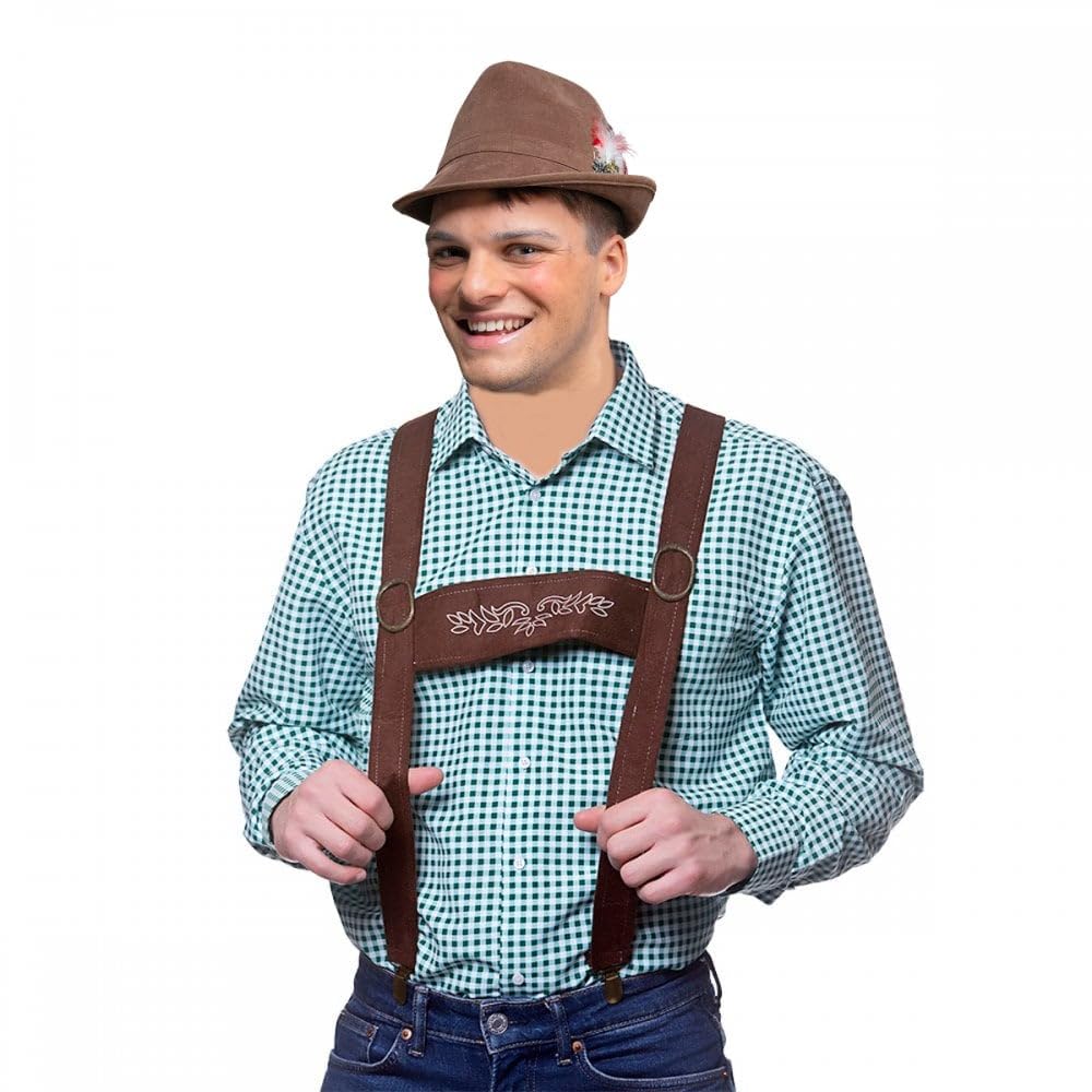 A2ZFD Adult Mens Oktoberfest Braces + Brown Bavarian Hat : Fancy Dress