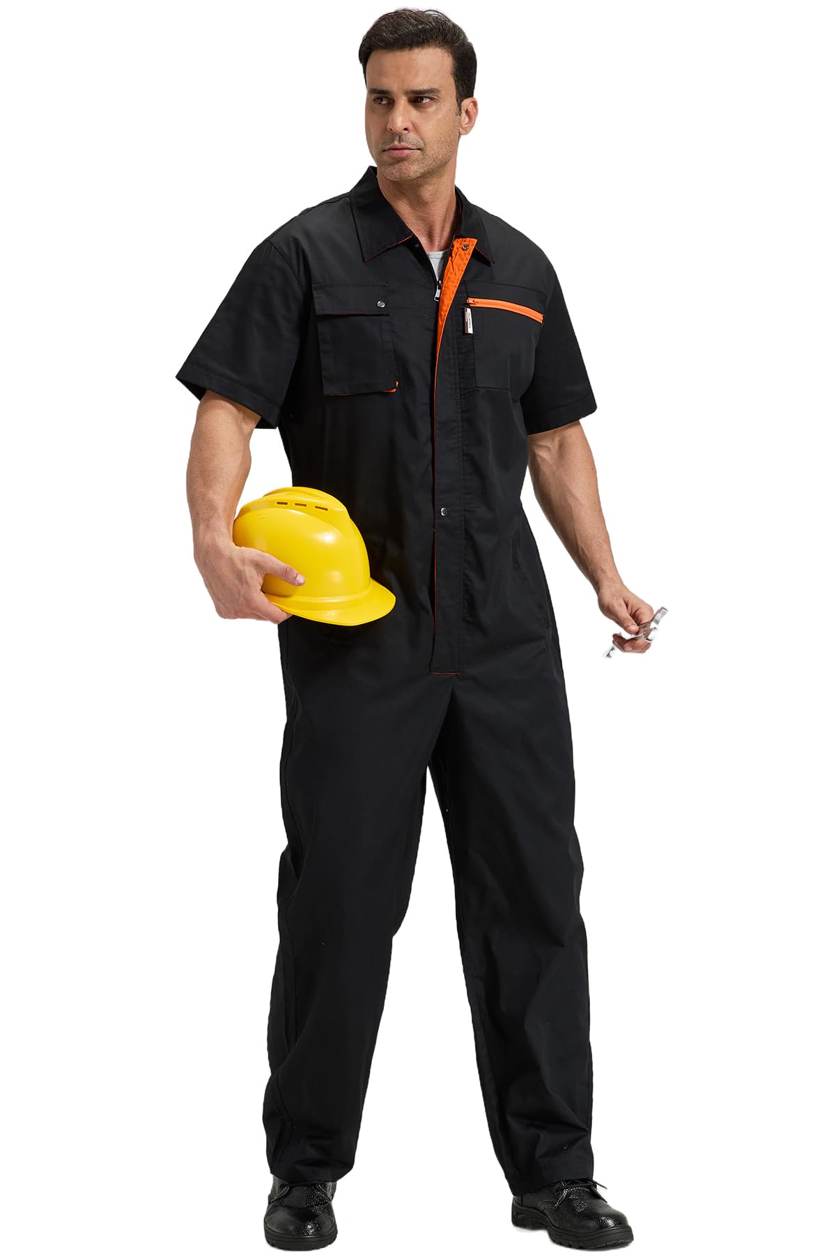 Herren Arbeitsoveralls Kurzarm Arbeitskleidung Leicht Arbeitsanzug Atmungsaktiv Reißverschluss Overalls Sommer Arbeitskombi, Schwarz, XL