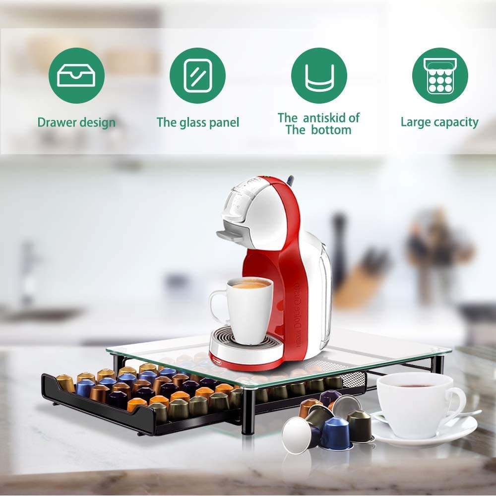 Masthome Porte Capsule de Café pour Nespresso 60 Capsules, Tiroir de Rangement avec Présentoir en Verre, Distributeur Capsules Antidérapant et Transparent avec Tiroir Métallique, Noir