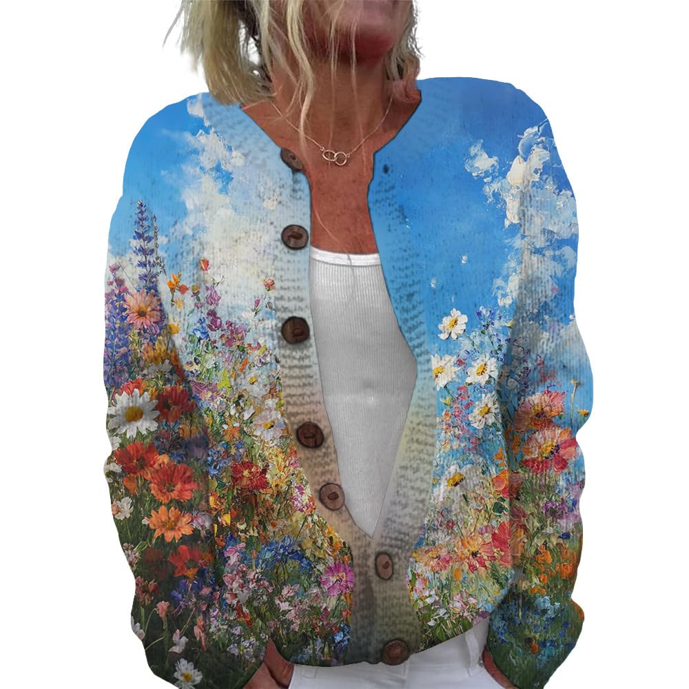 Floral Print Cardigan Sweaters for Women Trendy Crewneck Button up Cardigans Casual Fall Fashion Graphic Knit Sweater