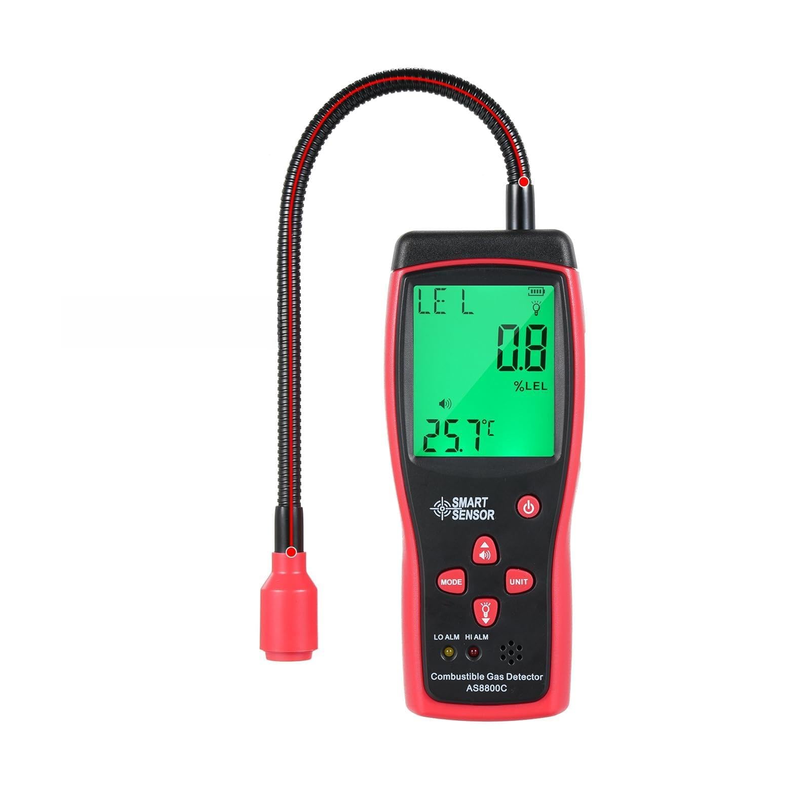 Ręczny wykrywacz nieszczelności gazów palnych i tester gazu ziemnego SMART SENSOR z elastyczną sondą 278 mm, podświetlanym kolorowym wyświetlaczem LCD, pomiarem temperatury i