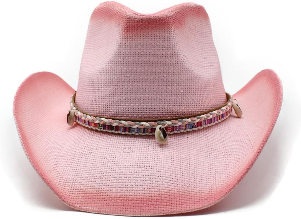 Western Cowboy Hat with Decorative Band, Woven Straw, Distressed Tan Brim, Summer Sun Protection