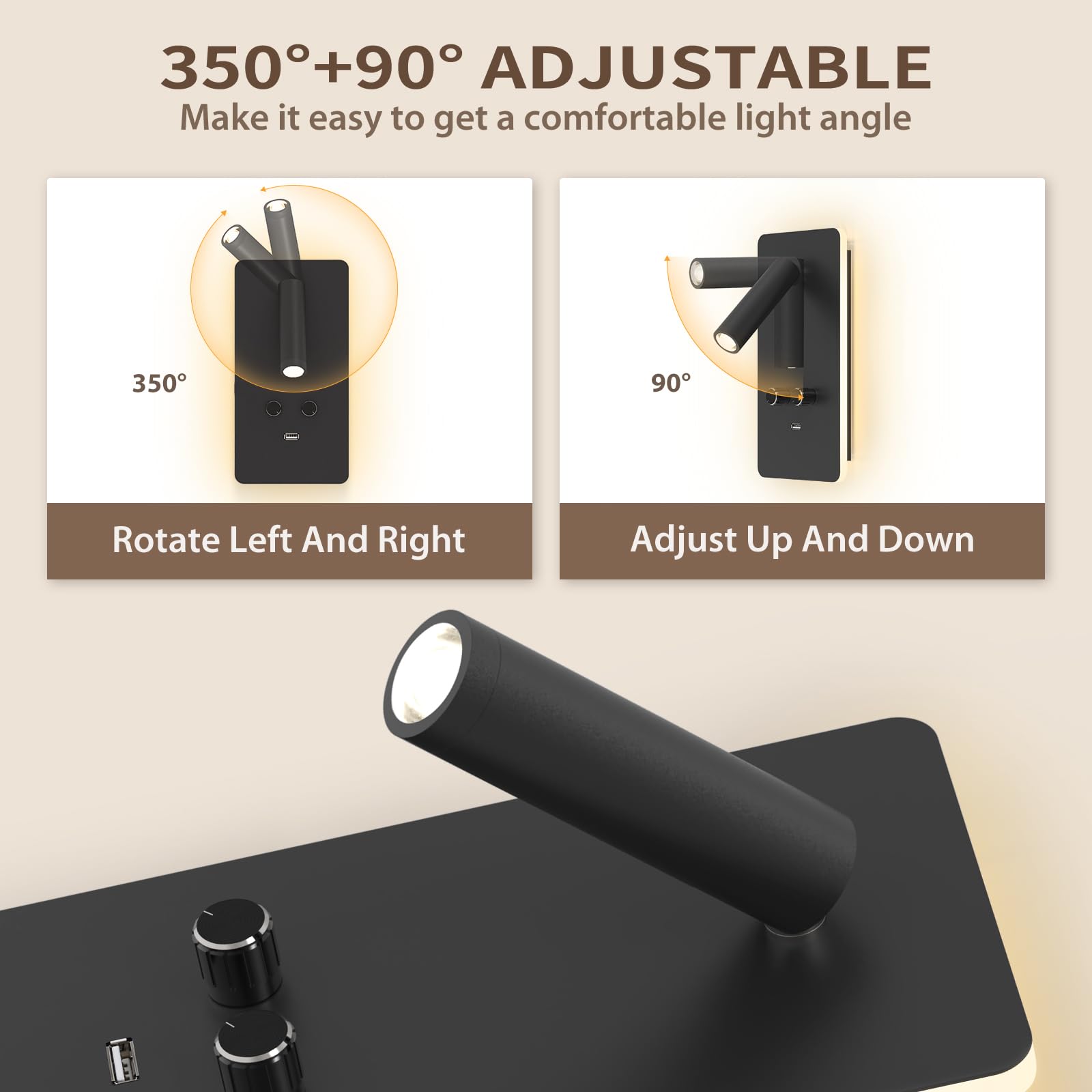 M04 Ścienna lampa do czytania z regulacją jasności (0,9-3,7W) - LED z podświetleniem 1,2-6W, port USB, do montażu na wtyczkę lub stałe podłączenie，Czarny