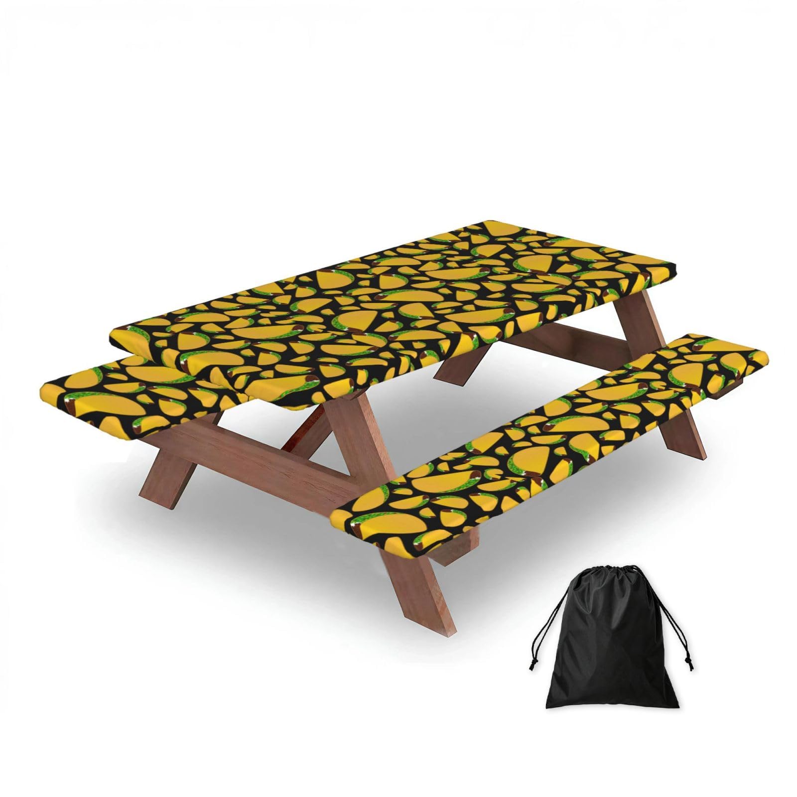 Dopklna As Picture Black Tacos Design, Picnic Table Cover With Bench Covers -Waterproof Elastic Fitted Tablecloth For Garden Camping Patio 76X152cm