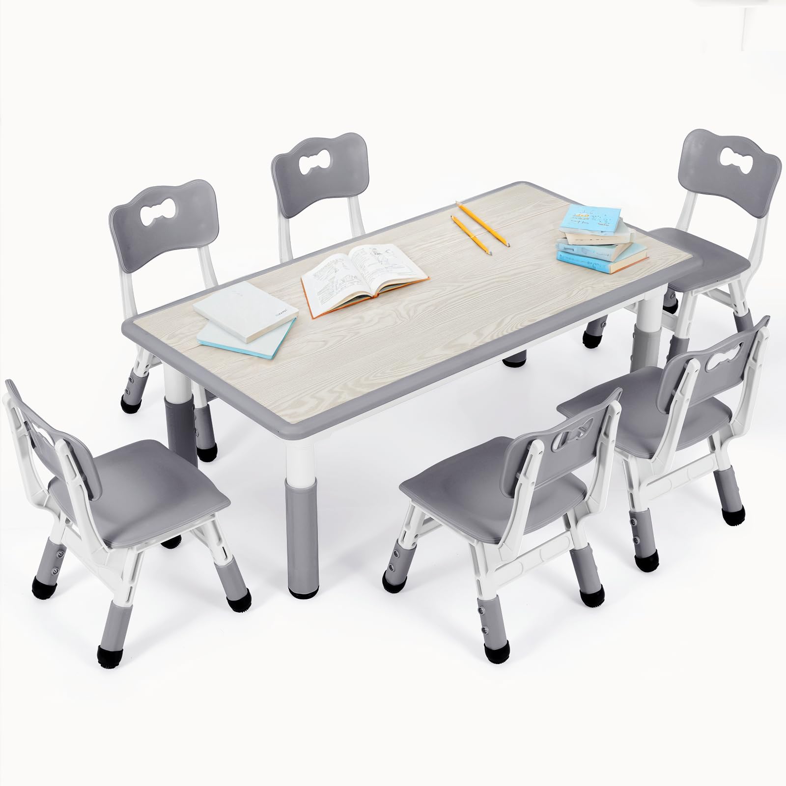 Arlopu Kids Table and 6 Chairs Set, Height Adjustable Graffiti Desk, Preschool Activity Art Craft Table, for Daycare Classroom Home Boys and Girls Age 3-12 (Gray)