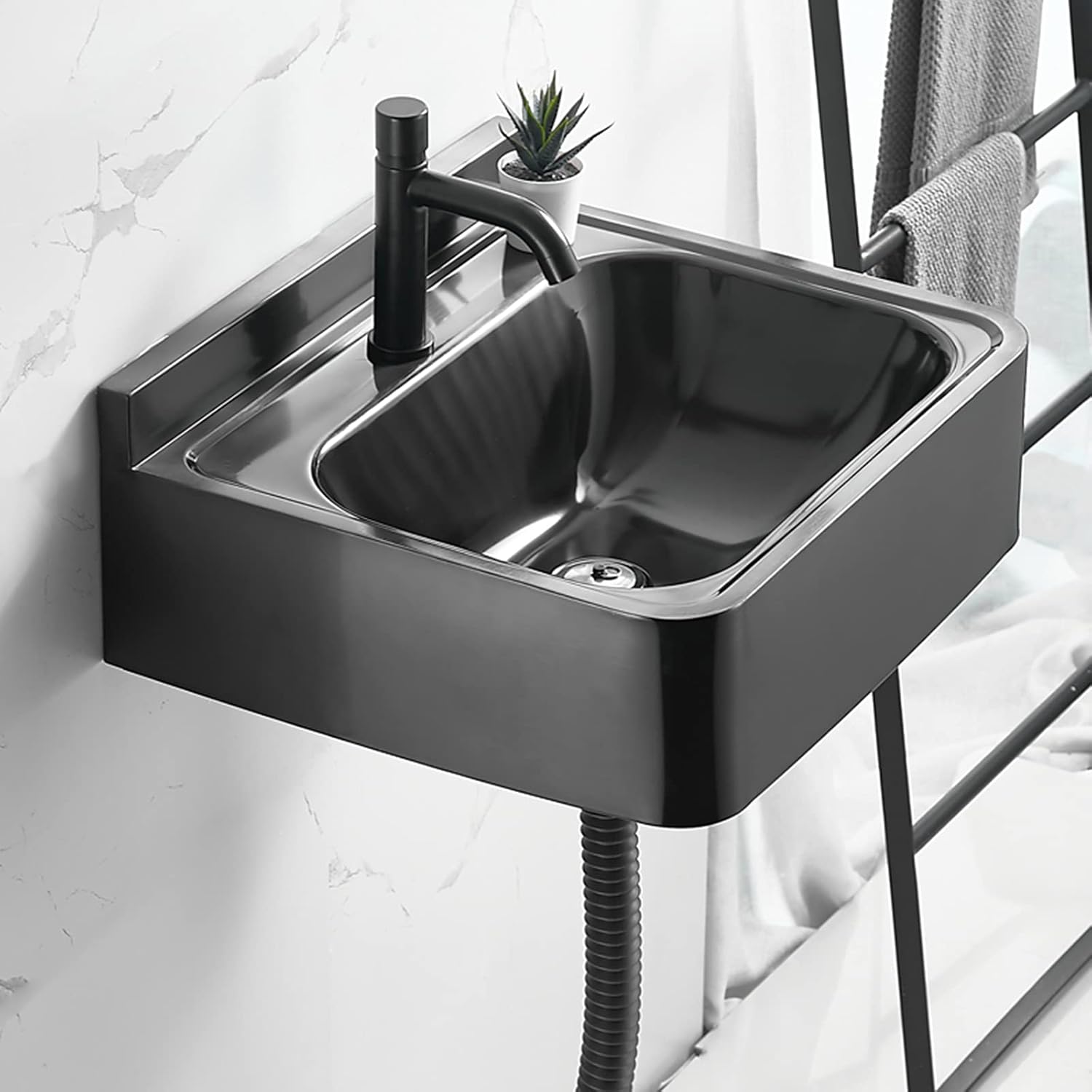 Bathroom Sink, Black Stainless Steel Sink, 20-Inch Wall-Mounted Sink, with Drain Assembly, Used in Garage, Balcony, Workstation, Outdoor Public Place(A 82 * 46cm)