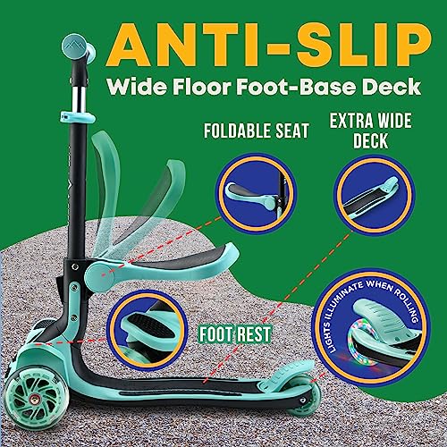 3 Wheel Scooter for Kids with Foldable Seat, Adjustable Handlebar Height, Lean-to-Steer Ride On Toy for Kids Ages 2+, Light-Up LED Wheels, Wide Anti Slip Deck, Indoor & Outdoor Use, Teal