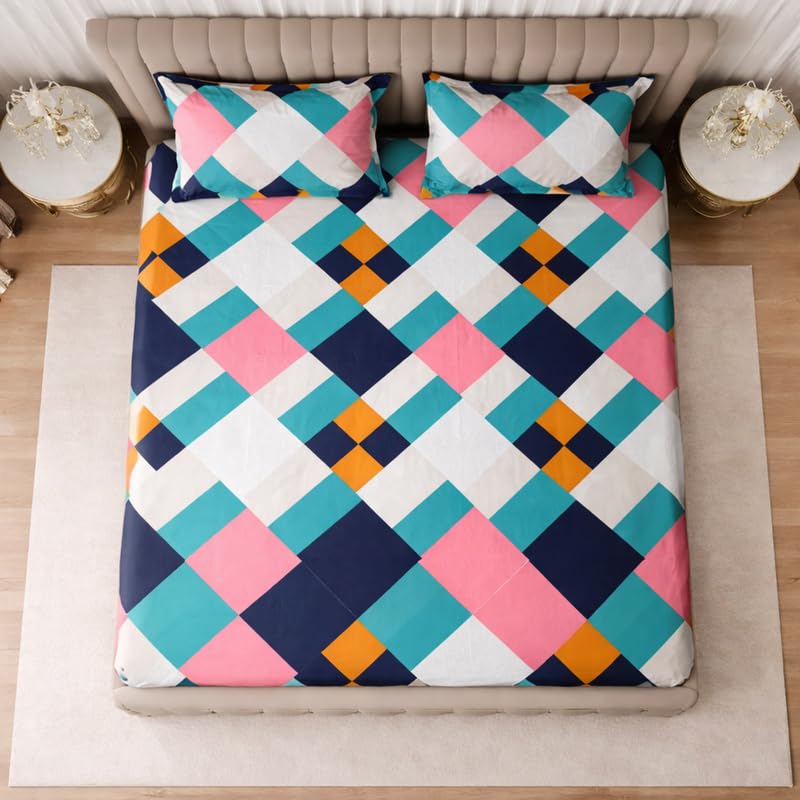 Image of THEA King Elastic Fitted Double Bedsheet Set| 100% Cotton Like Soft Fabric | Microfiber King Elastic Double Bedsheet for King Size Bed (72 X 78 x 10 inches) with 2 Pillow covers,Modern Mosaic