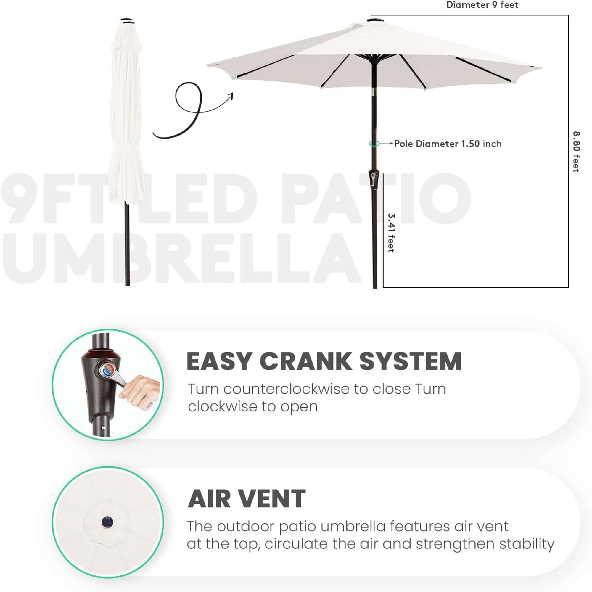 Parasol ogrodowy z oświetleniem LED, 9 m, regulacja nachylenia, system podnoszenia korby, 8 żeber, na taras, basen i balkon