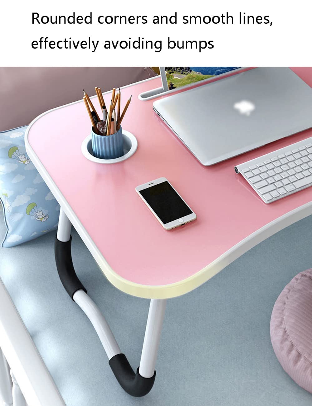 Sleek Corners Arc biurko na laptopa łóżko, gniazdo na karty/szuflada/uchwyt na kubek / stojak do czytania / uchwyt / składany stolik z tacą na nogi, jedzenie, pisanie (różowy 60,6 cala)
