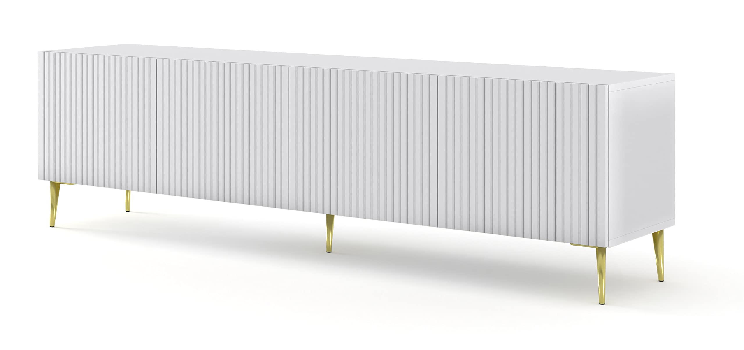 BIM Furniture Lowboard TV Schrank Ravenna B 4D 200 cm gefräste dekorierte MDF-Fronten auf goldenen Metallbeinen Stehen Unterschrank Fernsehschrank TV Board Sideboard HiFi-Tisch (Weiß Matt)