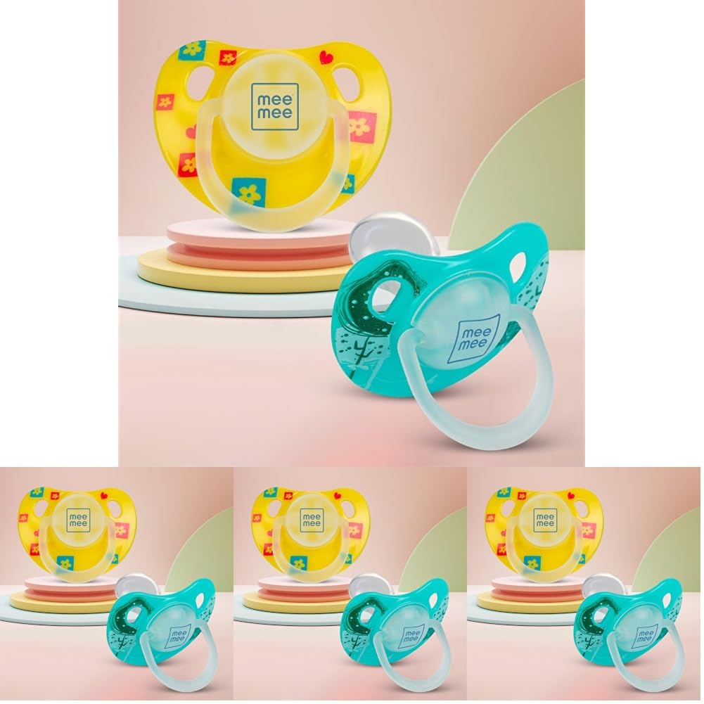 Mee Mee Baby Silicone Pacifier | Orthodontic Nipple for Oral Stimulation | Unique Shape to Support Psychological Breathing | Soother for Babies | Easy to Clean | 0-18 Months (Yellow/Green) Pack of 4-image-20
