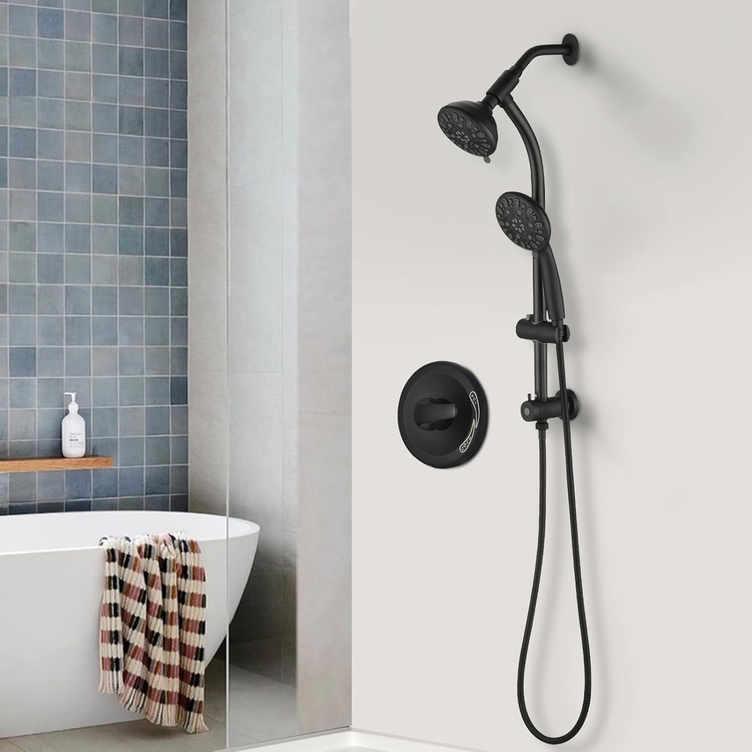 instant-mount drill-free height/angle adjustable 2-way shower head/handheld showerhead slide bar combo (matte black)