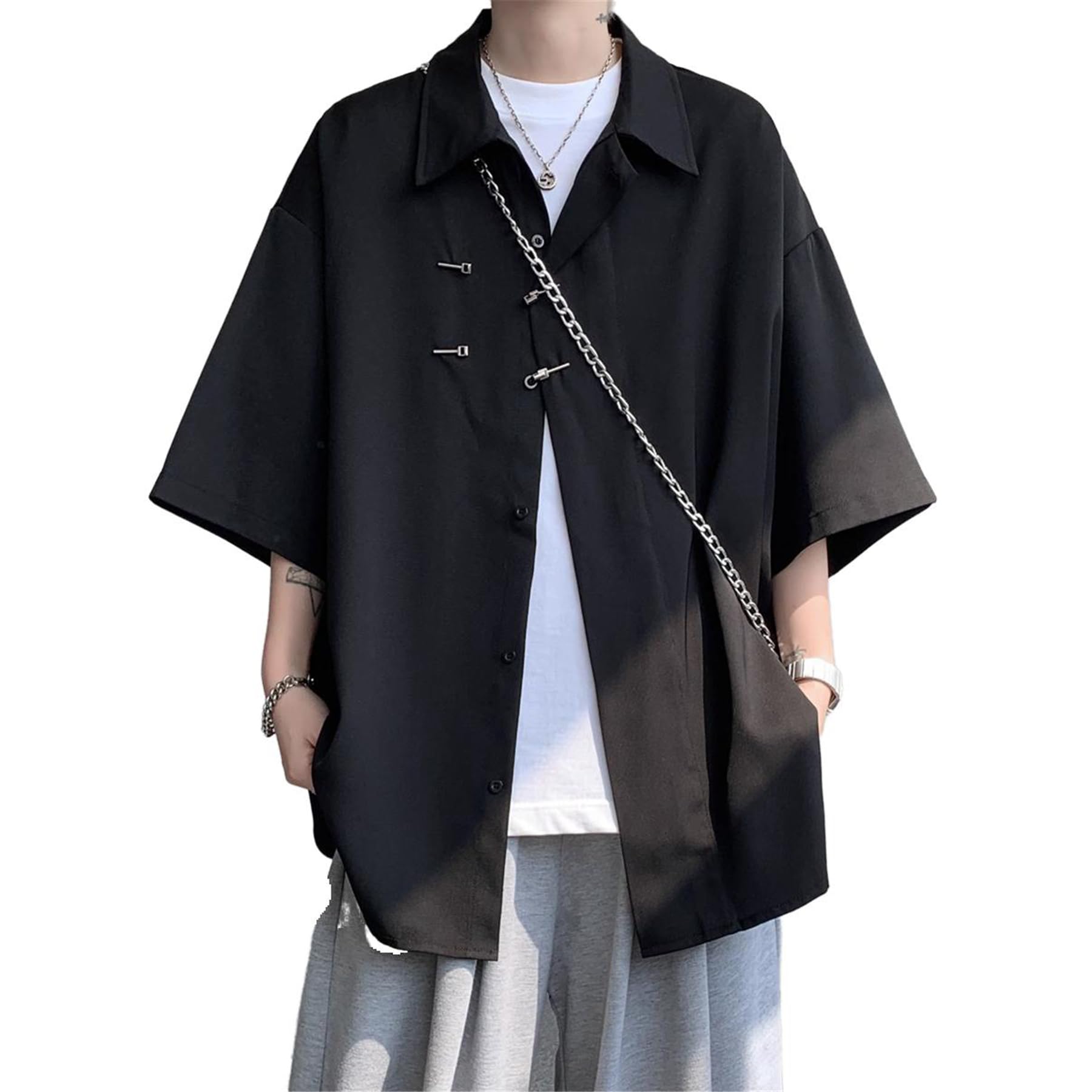 Camisa de Manga Corta para Hombre, Talla Grande, Manga Tres Cuartos, Estilo Verano Holgado.-