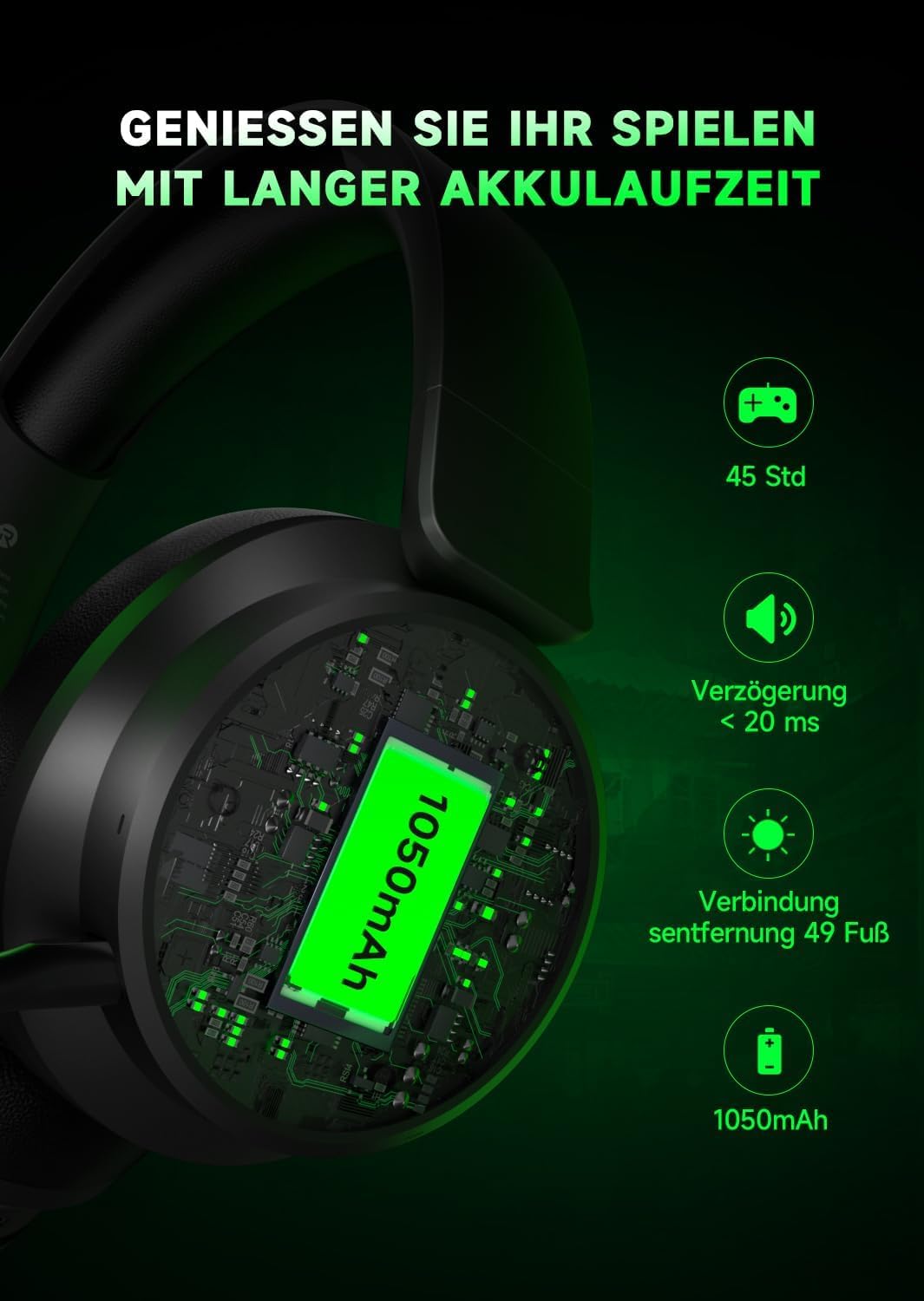 Wireless Gaming Headset für Xbox Series X|S, Xbox One, PS5, PS4, Noise Cancelling Bluetooth 5.3 Kabelloses Gaming Kopfhörer, PC Headset mit Mikrofon, 3D-Surround-Sound, 45H Batterie, Schwarz-Grüne