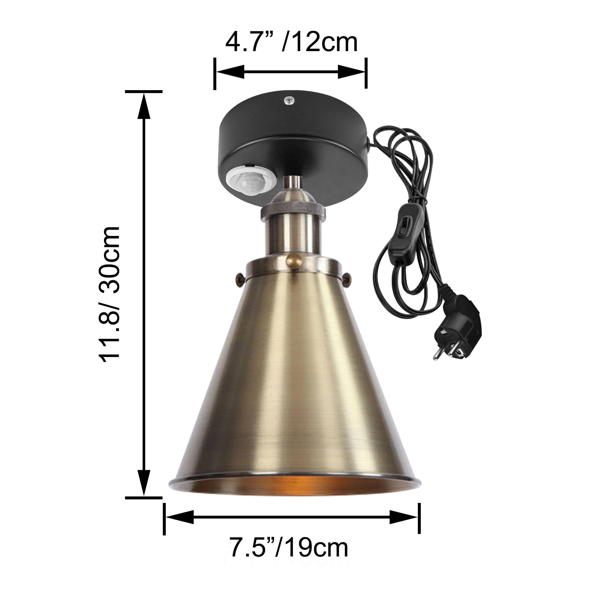 Plafoniera con sensore di movimento interno, lampada da soffitto in ferro industriale, sensore di movimento radar con cavo da 4,5 m e portalampada E27, per corridoio, bagno, scale, garage,