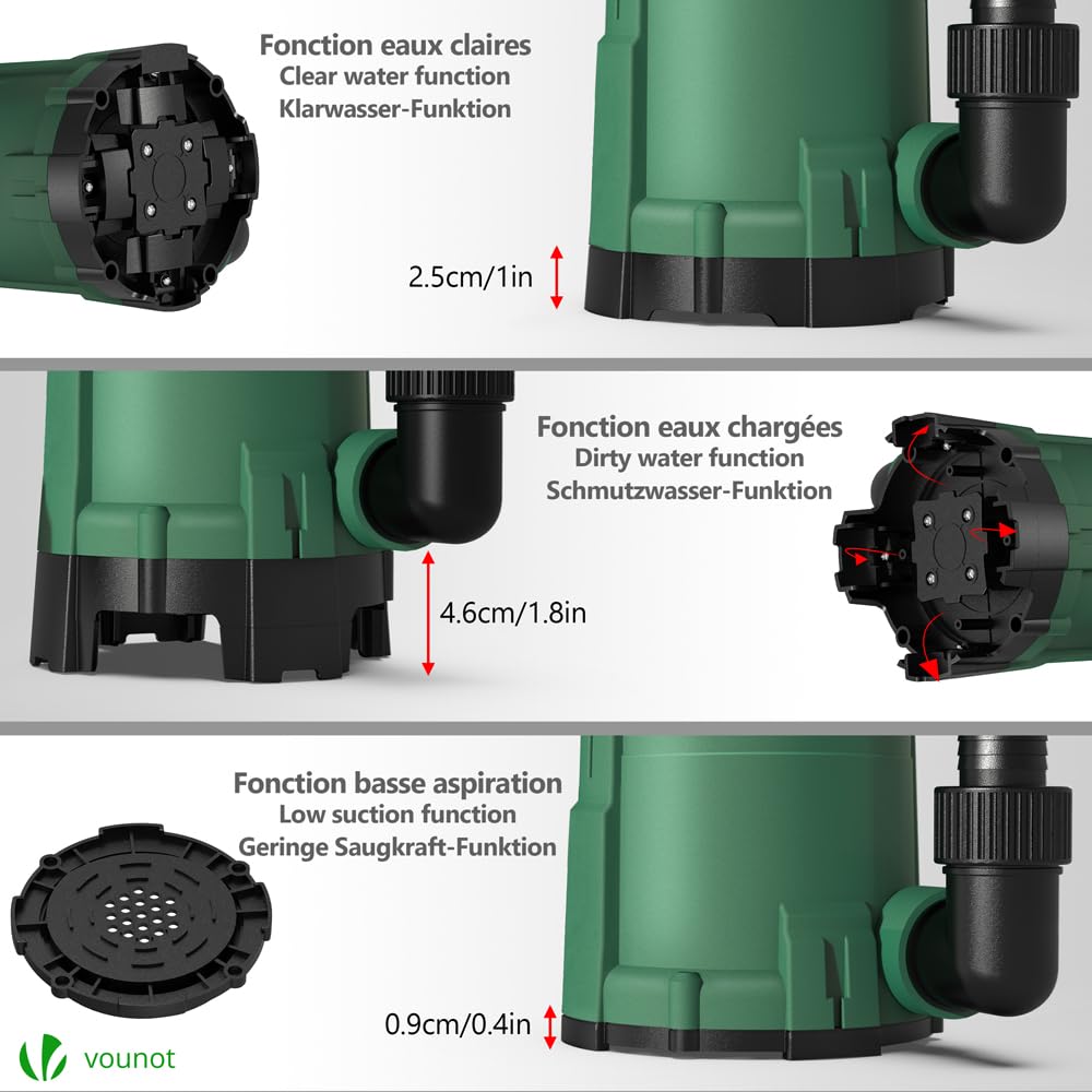 VOUNOT® Bomba Sumergible 3 en 1 para Aguas Limpias, Aguas Residuales y Bodega de Baja Succión, Bomba de Aguas Sucias Máx. Prof Inmersión 7m 13500l/h, con Interruptor de Flotador Cable Alimentación 10m