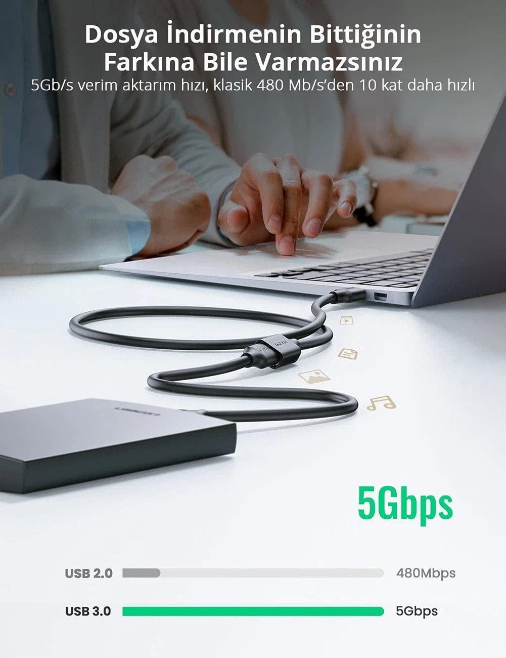Ugreen USB 3.0 Uzatma Kablosu 1.5 Metre, Siyah