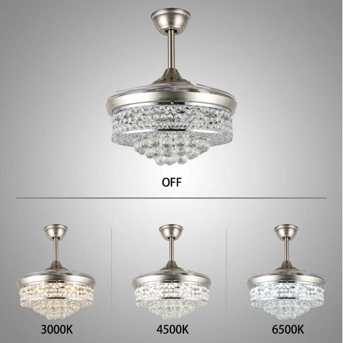 Limited Discount Modern Crystal Ceiling Fan with Light, 42 Inch Retractable Blades Ceiling Fan with Remote, 3 Lighting Dimmable Crystal Chandelier Fan for Indoor Bedroom Living Room (Polished Chrome)