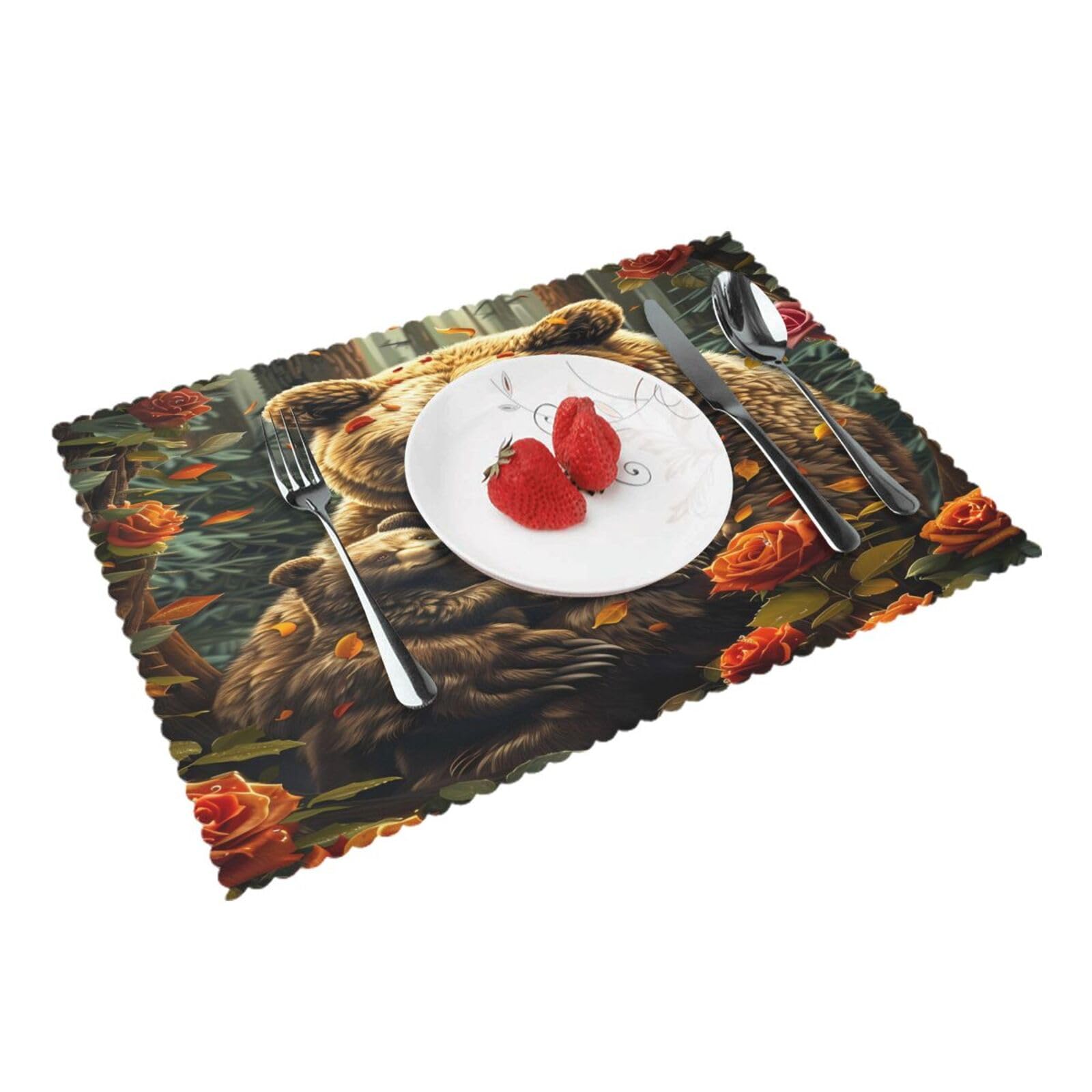 Bear Rose Placemats Set of 4 Print Table Mats Place Mats Table Decor for Kitchen Dining 12X18 in