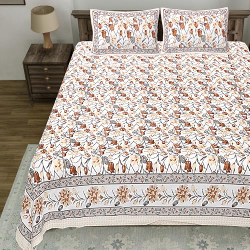 Image of Living Roots Jaipuri Hand Block Print Double Cotton Bedsheet & 2 Pillow Covers, for Mattress Upto 8 inches Thick, No Colour Bleeding, Beige Colour, Super King Size 96 * 104 inches, 150TC (576-A)
