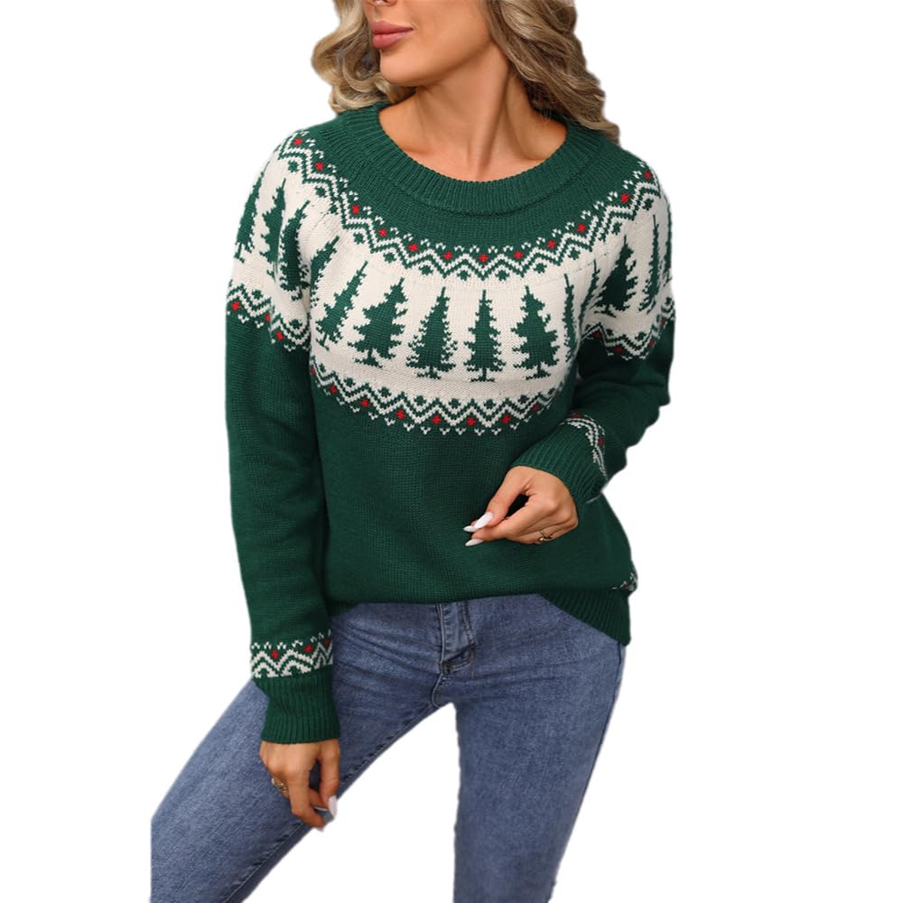 Melliflo Womens Christmas Tree Fair Isle Sweater Crew Neck Long Sleeve Pullvoer Sweaters Casual Loose Ugly Christmas Sweaters