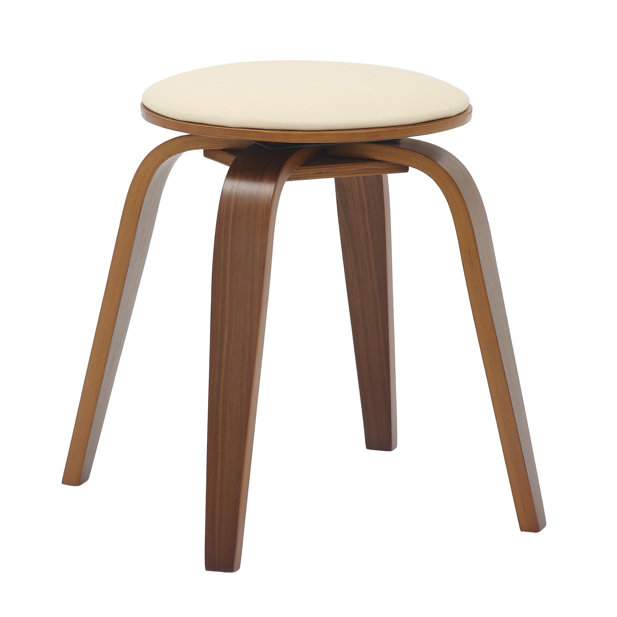 LeisureMod Dining Stool, Upholstered in Leather with Poplar Frame in Stained Finish with Swivel, 18-inch Sitting Stool for Modern Home, Kitchen & Dining Room, Pelya Collection in Walnut/Light Cream