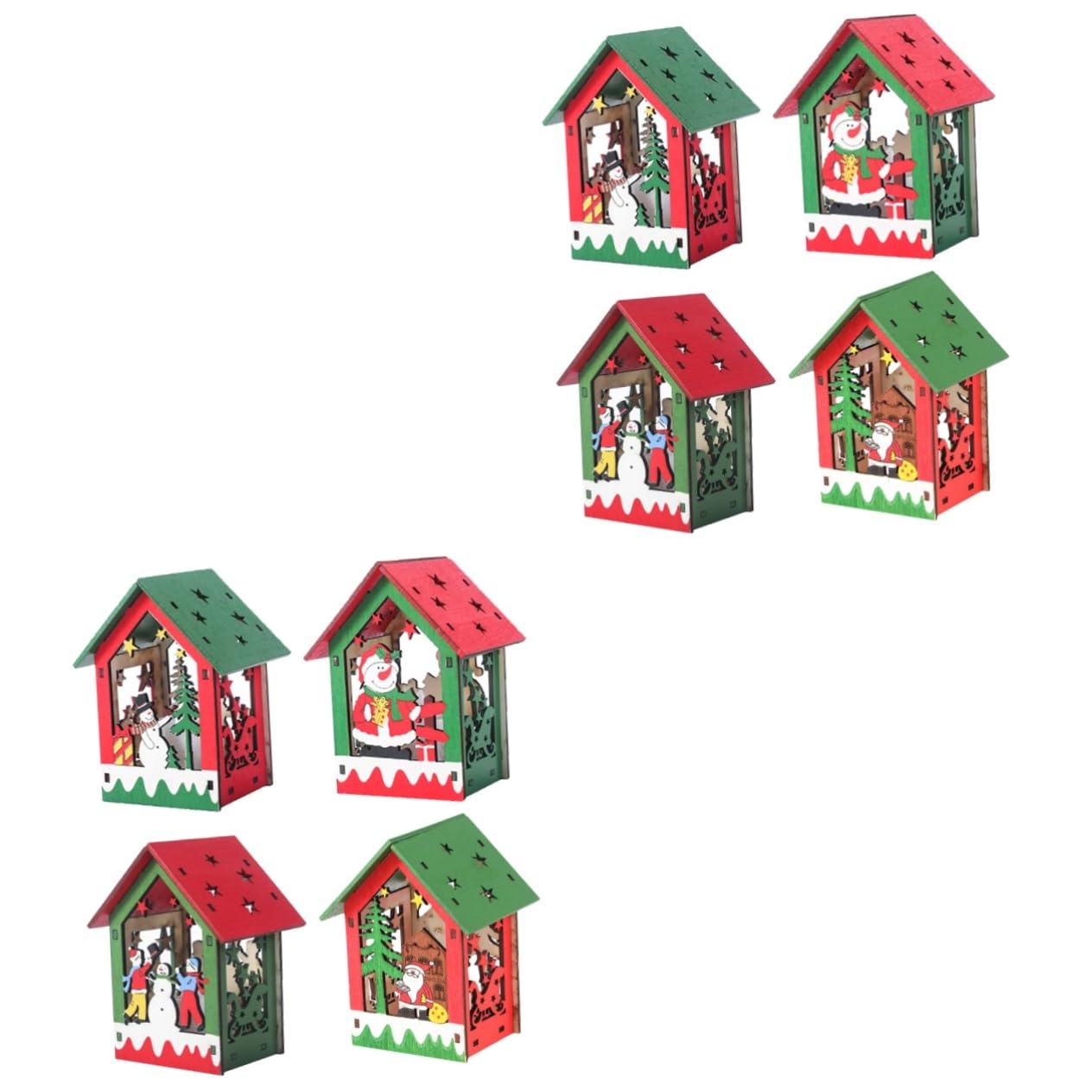 EXCEART 8 Pcs Christmas Tree Pendant LED Wooden House Xmas Tree Wood Toppe Christmas Village Decor Assembled Decorations Log Cabin Wooden Christmas Tree Ornaments New Year Party Pendant