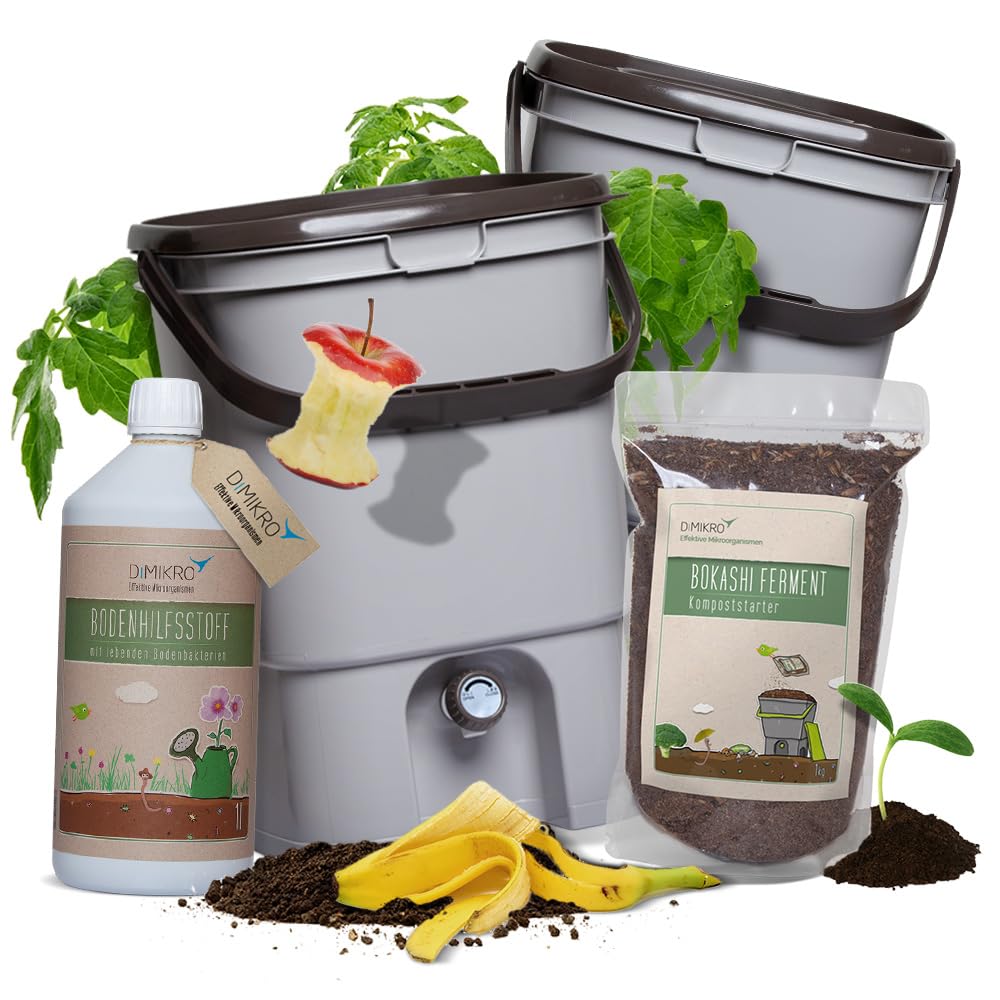 Kit de démarrage Bokashi - Design japonais - 2 seaux (gris) + ferment Bokashi + EM actif + brochure Bokashi