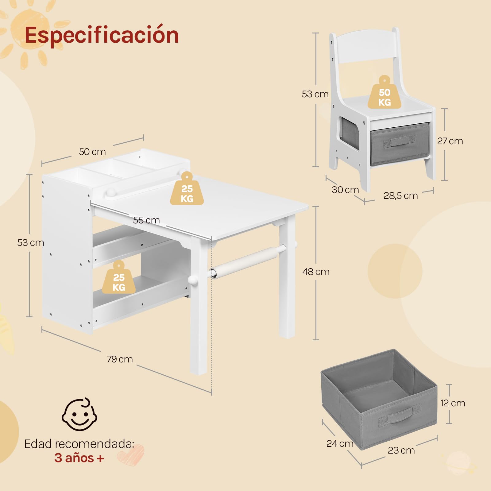 WOLTU Mesa Infantil con 2 Sillas, Blanco | Estantería de 3 Niveles, 1 Portarrollos, 2 Cajas de Tela, MDF