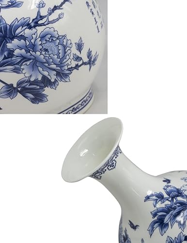 Miniatura 4 de Dahlia Florero azul y blanco, florero hecho a mano de porcelana de hueso, pájaros en arbusto de peonía, forma de botella china de 9 pulgadas