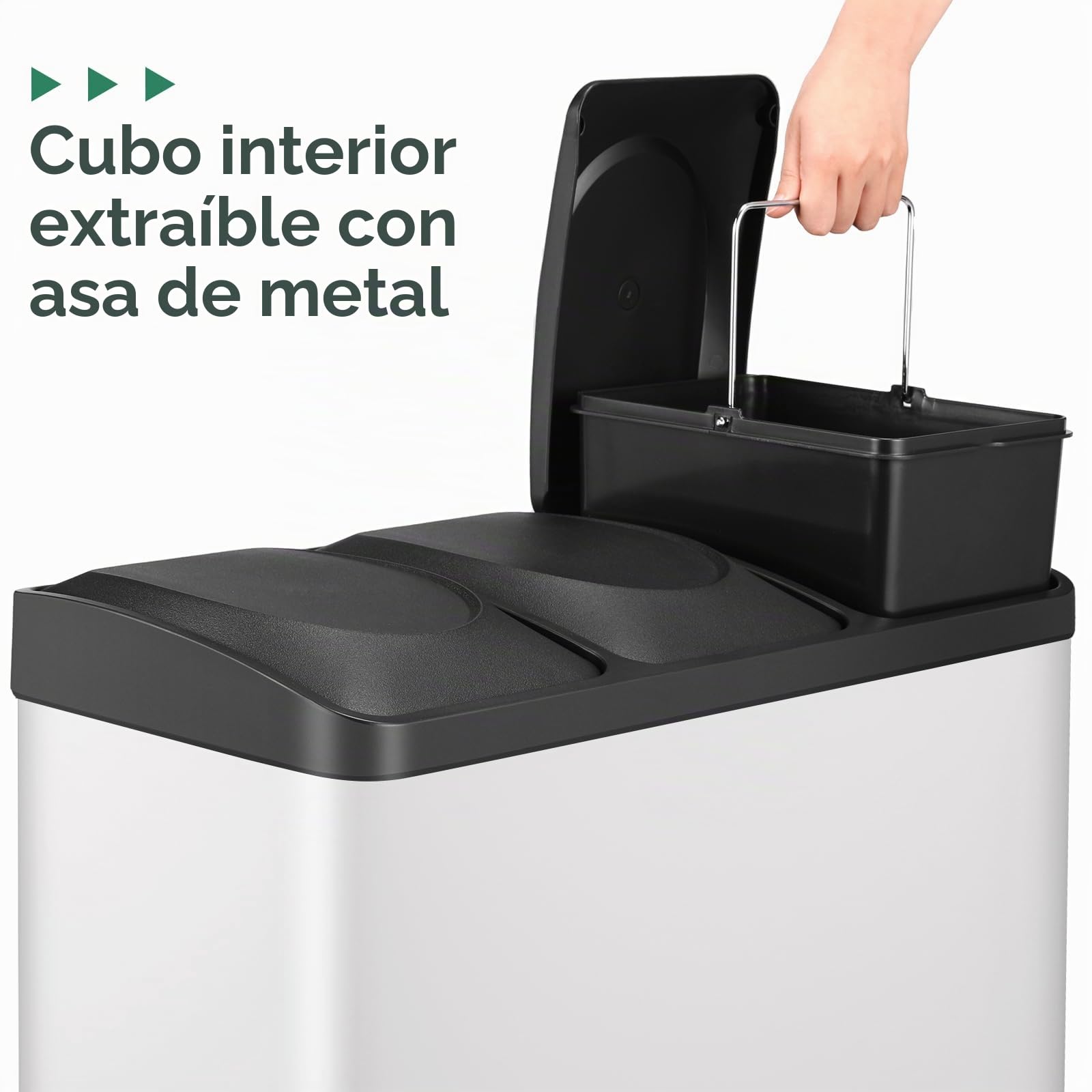LIFERUN Cubo de Basura reciclaje 3 compartimentos, Papelera triple de cocina con pedal, Cubo de basura cocina de Metal 45 litros (3x15 L), Blanco