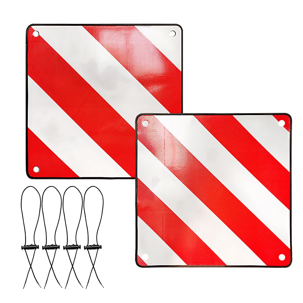 HOVCEH Aluminium Warning Sign for Italy/Spain, 2 in1 Red White Striped Warning sign with 4 Tie Down Strap, PVC Rear Warning Sign for Rear Carrier, Motorhome, Bicycle Carrier, Caravan Towing (50X50cm)
