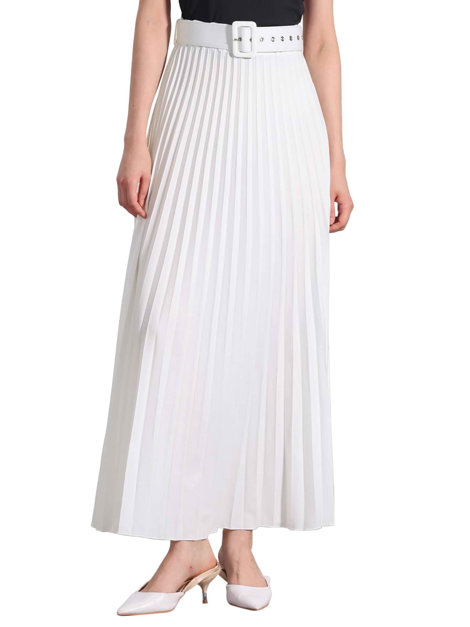 Allegra K Women High Waist Elastic Flowy A-Line Maxi Pleated Skirt Elastic waistband. Flowy A-line silhouette. Suitable for office, weddings, banquets.