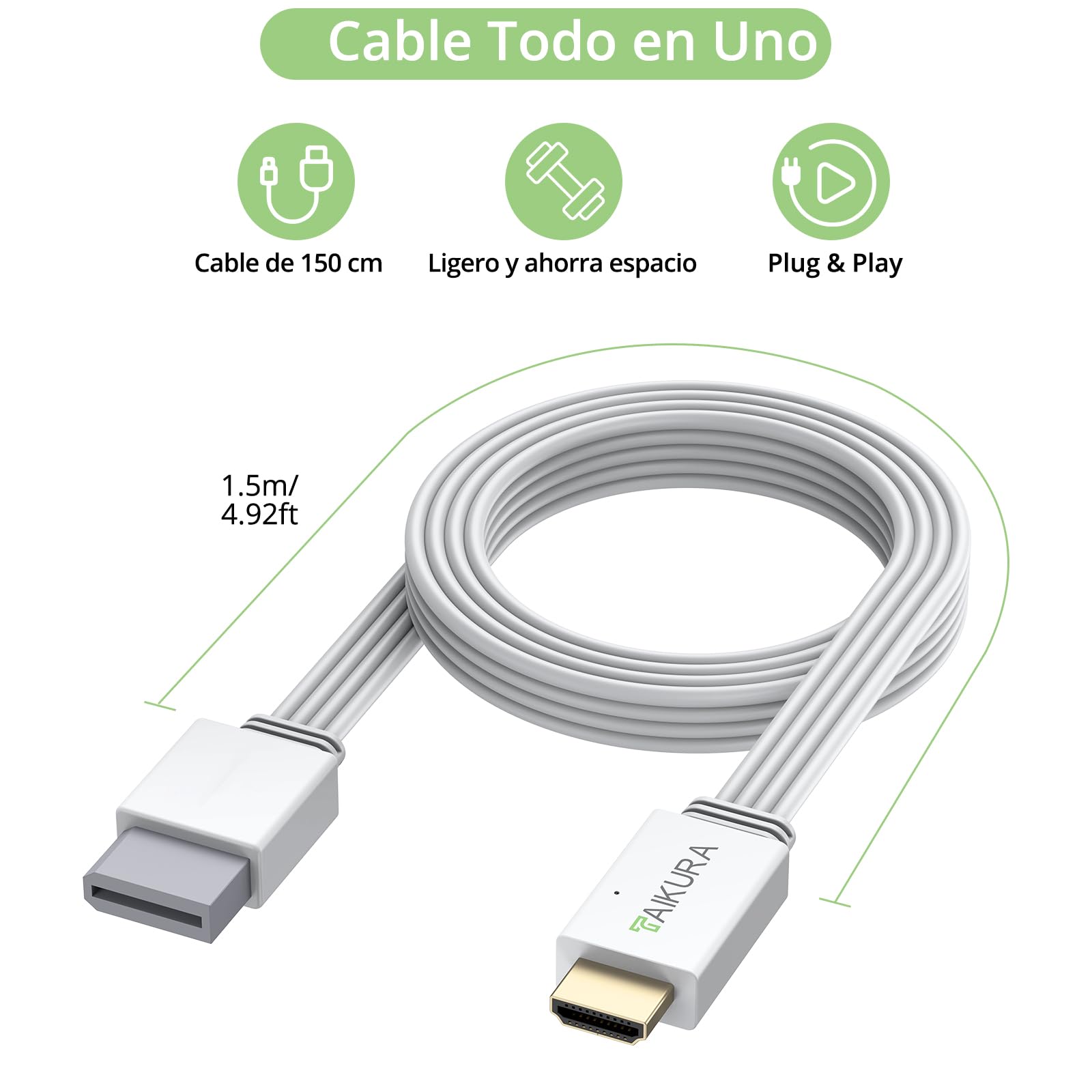 Convertidor Wii a HDMI 1,5 Metros, Adaptador de Wii a HDMI 1080P/720P para HDTV, Monitor y Proyector, Compatible con NTSC 480i 480p PAL 576i, Plug and Play