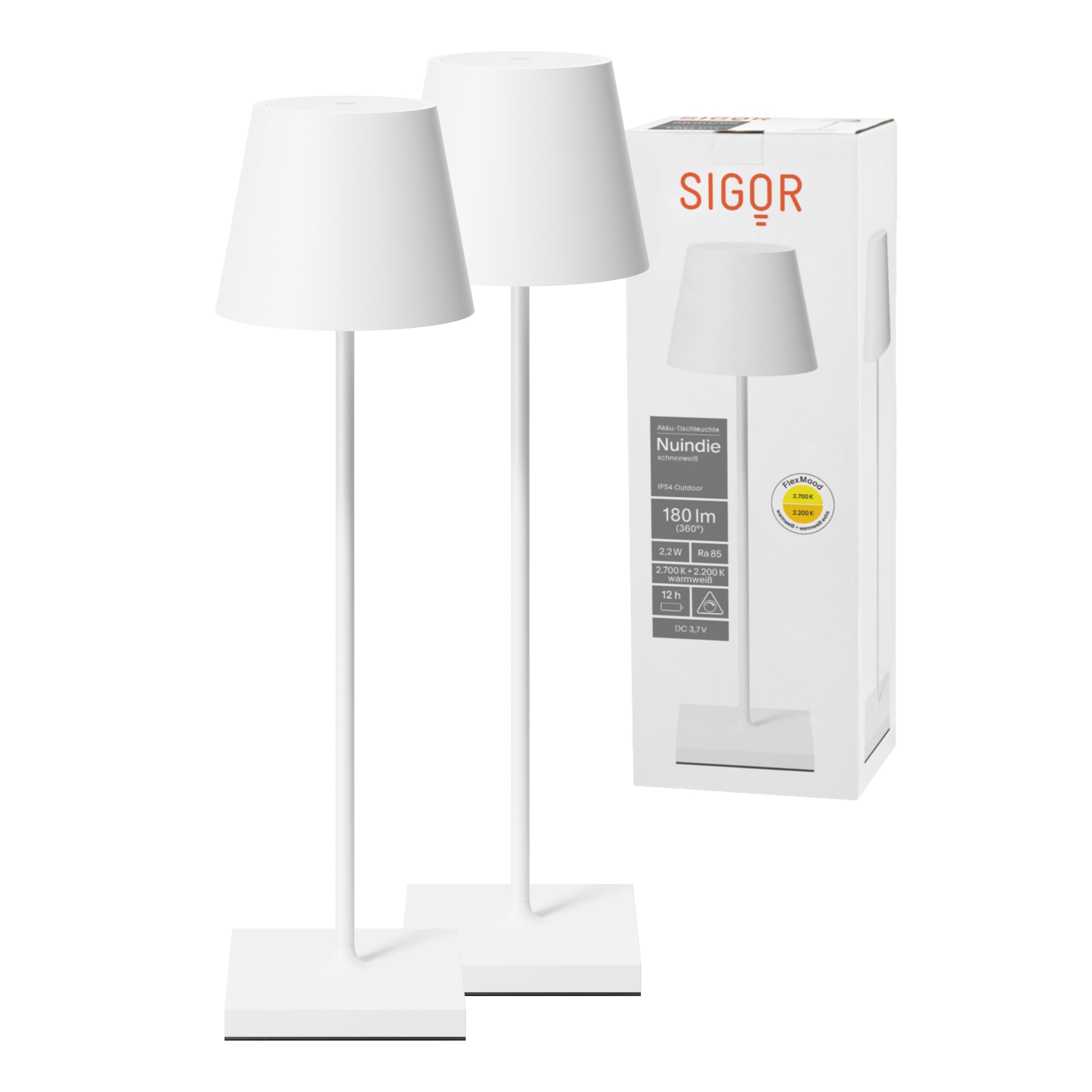 SIGOR 2 Stück Nuindie 2.0 - Dimmbare LED Akku-Tischlampe Indoor & Outdoor, IP54 spritzwassergeschützt, Höhe 38 cm, aufladbar mit USB-C, 12 h Leuchtdauer, schneeweiß