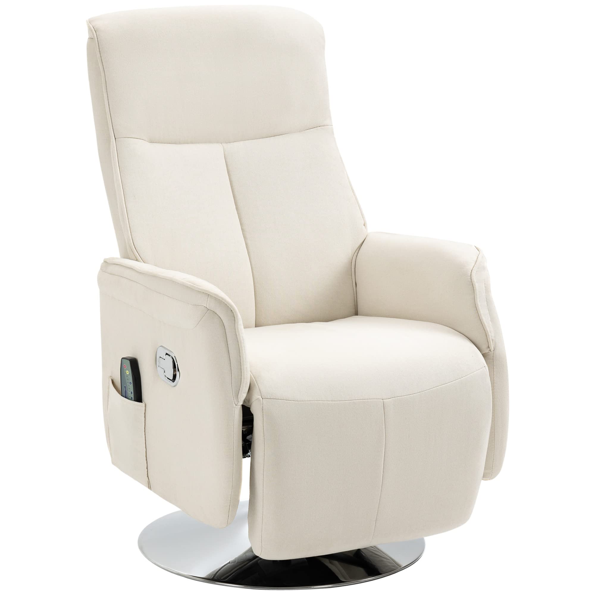 HOMCOM Sillón de Masaje Eléctrico Sillón Relax Giratorio Reclinable hasta 135° con Control Remoto Reposapiés Bolsillo Lateral y 10 Zonas de Masaje 68,5x84x110 cm Crema