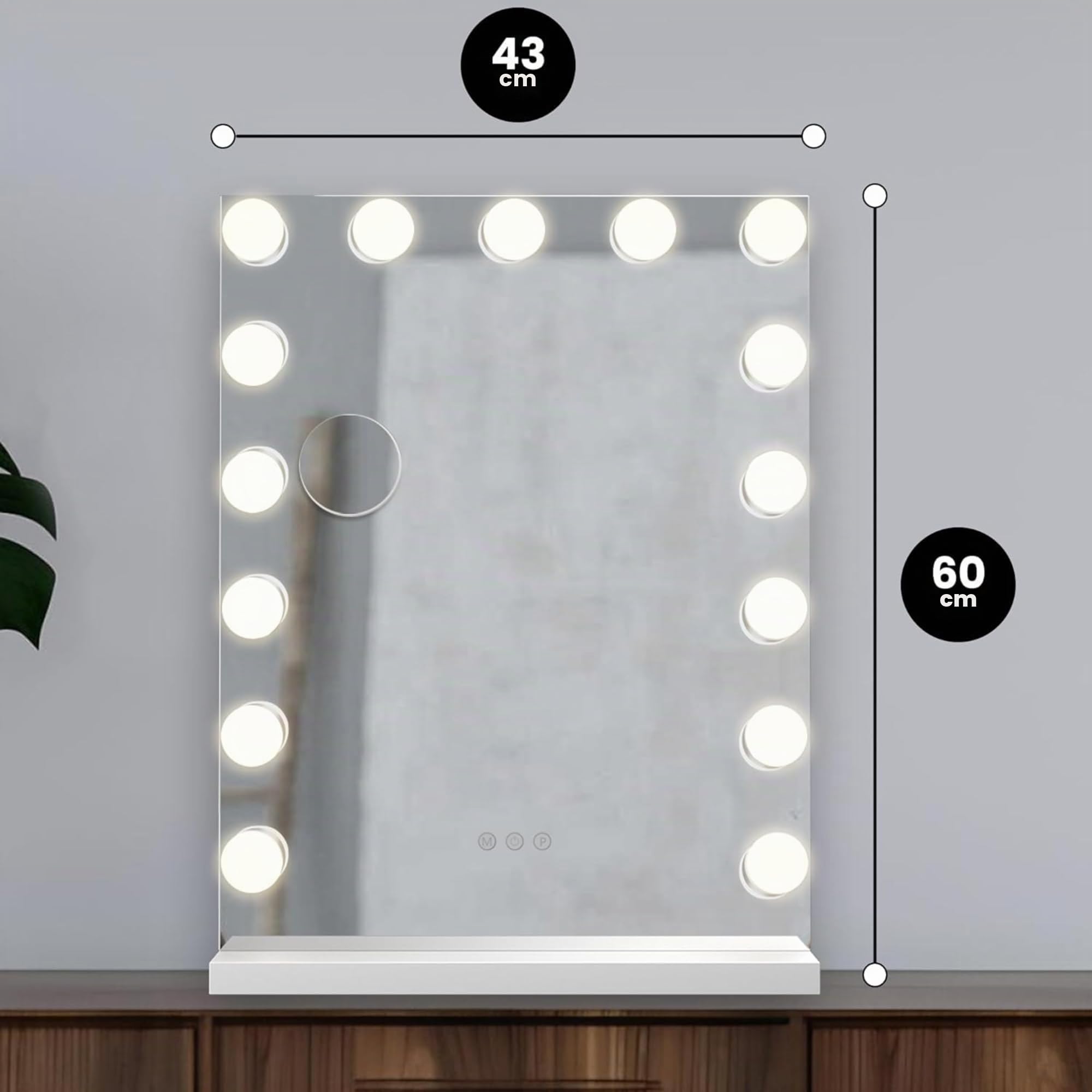 Bayt Hollywood Schminktischspiegel, Kosmetikspiegel, Vanity Table, LED Beleuchtung, 15 Dimmbare lampen, 3 Lichtmodi, Touchscreen, 10x Vergrößerungsspiegel, 60 x 43 cm, Weiß