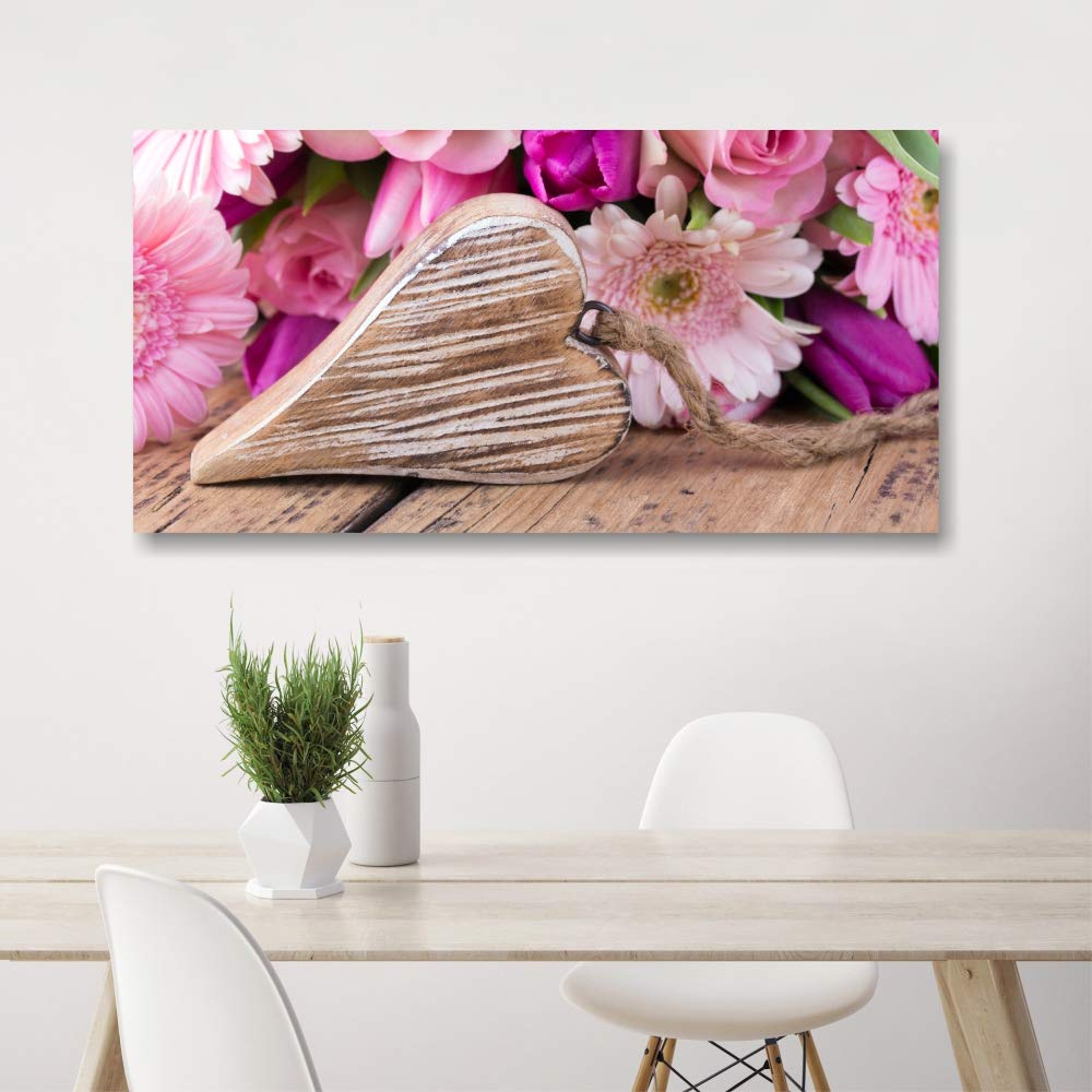 Quadri L&C ITALIA Cuori e Fiori Shabby Chic - Quadro Moderno per Cucina Soggiorno Camera da Letto Country Rustici 90 x 45 Stampa su Tela Canvas da Parete Rosa Viola