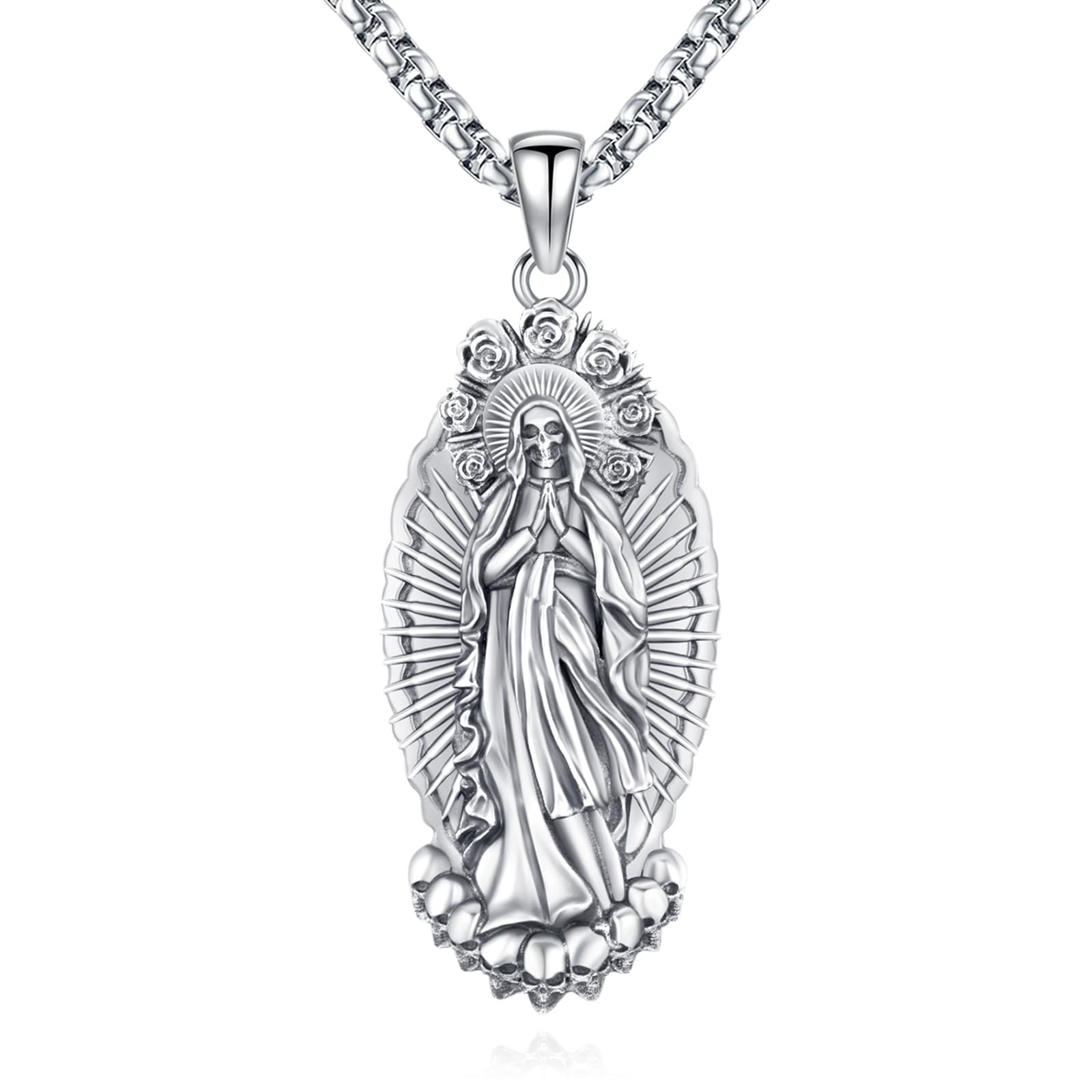Eusense La Santa Muerte Necklace for Men Women Sterling Silver 925 Gold 14K 18K Skull Memento Mori Necklaces Pendant Grim Reaper Skull Jewelry