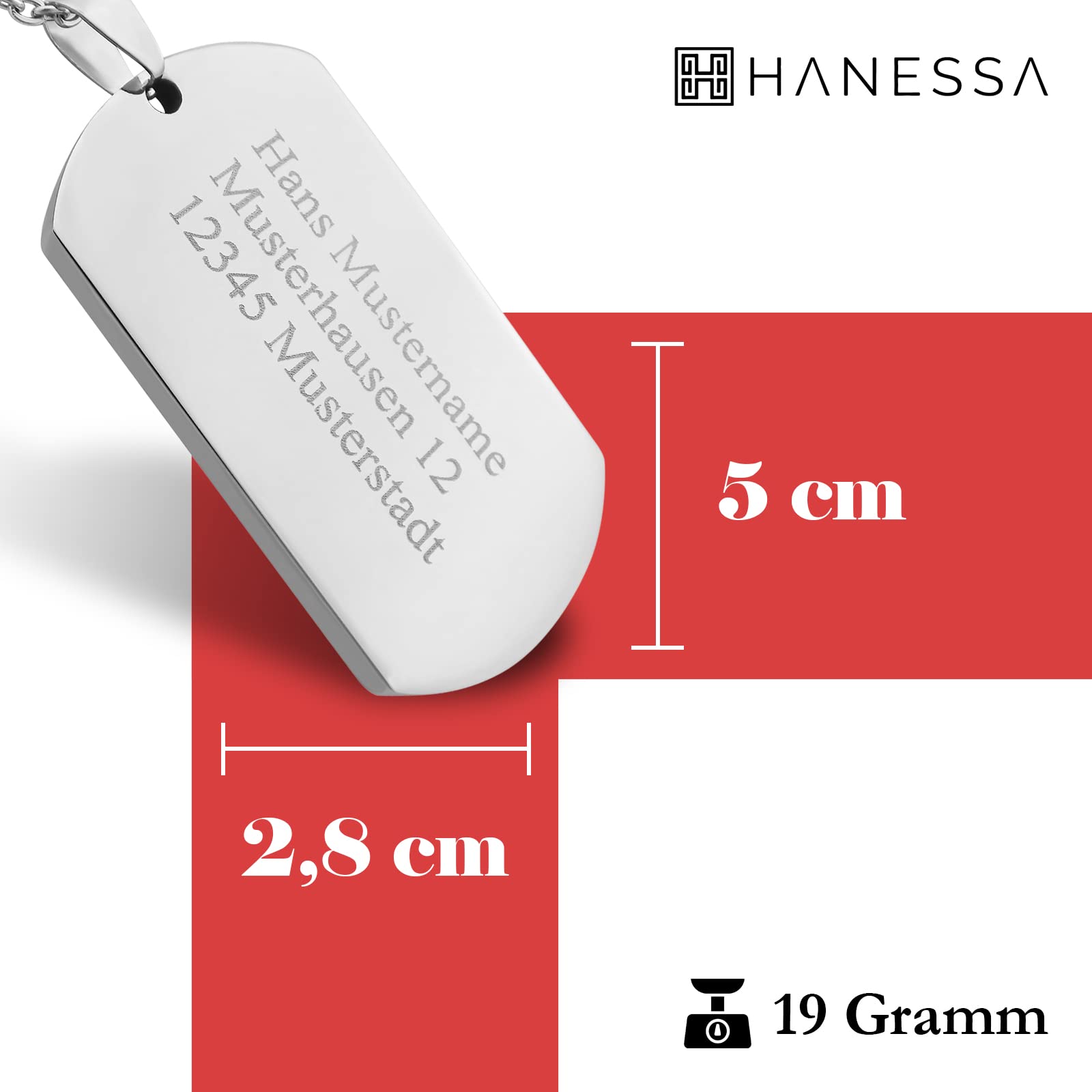 Personalisierte Kette mit Gravur Edelstahl 50 cm mit Anhänger Dog Tag einseitig oder beidseitig in silber - Personalisierte Halskette für Männer Frauen - Personalisierter Schmuck Damen Herren