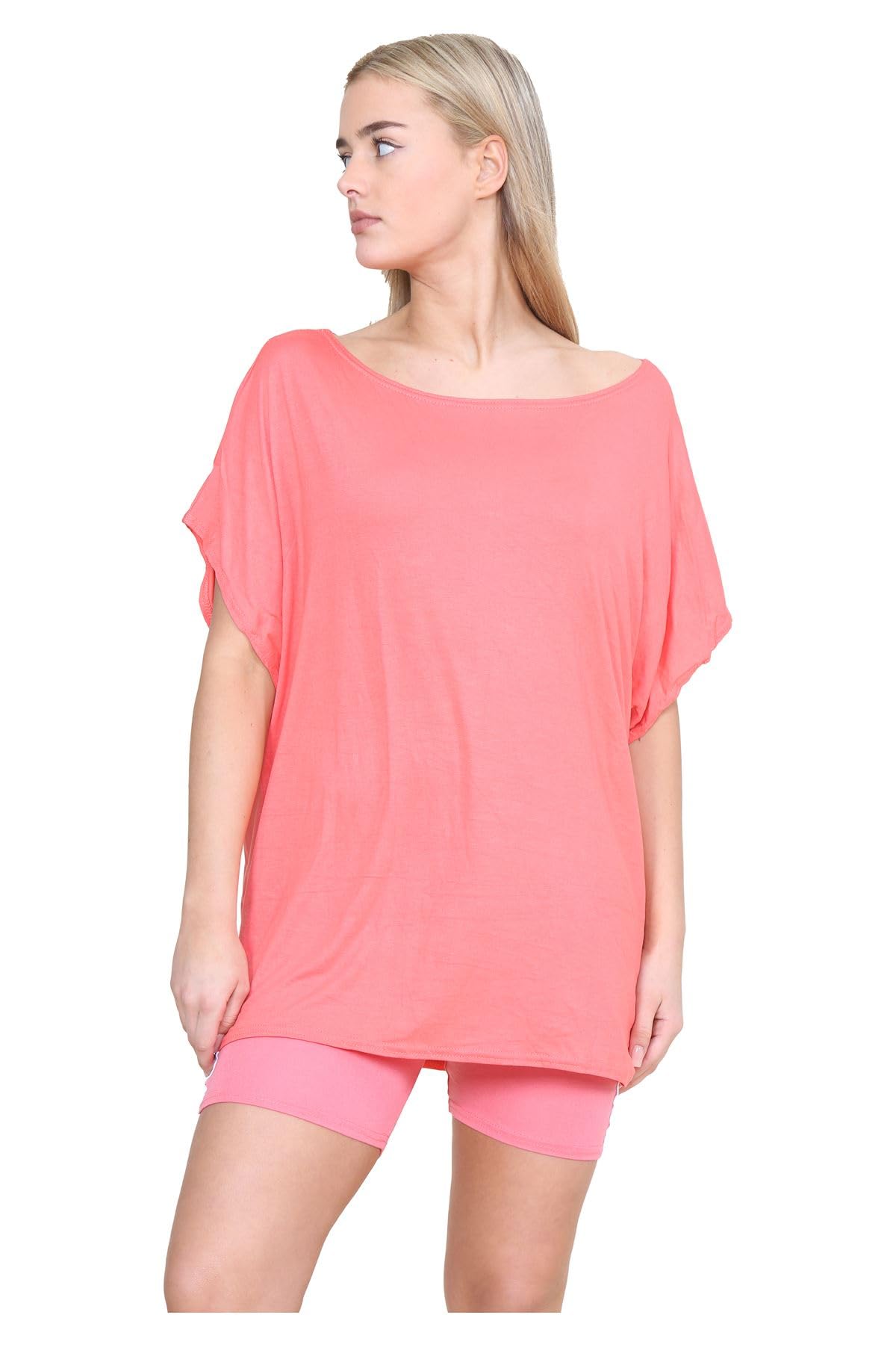 Hamishkane Women's Coral Hamishkane® Bardot Baggy Style Oversized T Shirt For - New Plain Off The Shoulder Batwing Top, Fashionable Tops For Casual Party Wear