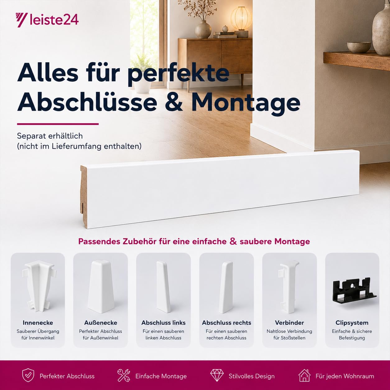 Leiste24 Lot de 10 plinthes en MDF avec chemin de câble et découpe à clip - Blanc - 26 m - 60 mm - Pour stratifié, vinyle, parquet et carrelage