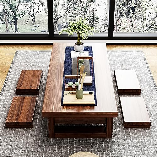 Image of Japanese Floor Table w / 4 Stools, Wooden Coffee Tatami Tea Low Table for Sitting on The Floor, Vintage Kotatsu Dining Table, Brown, 100x60x35cm