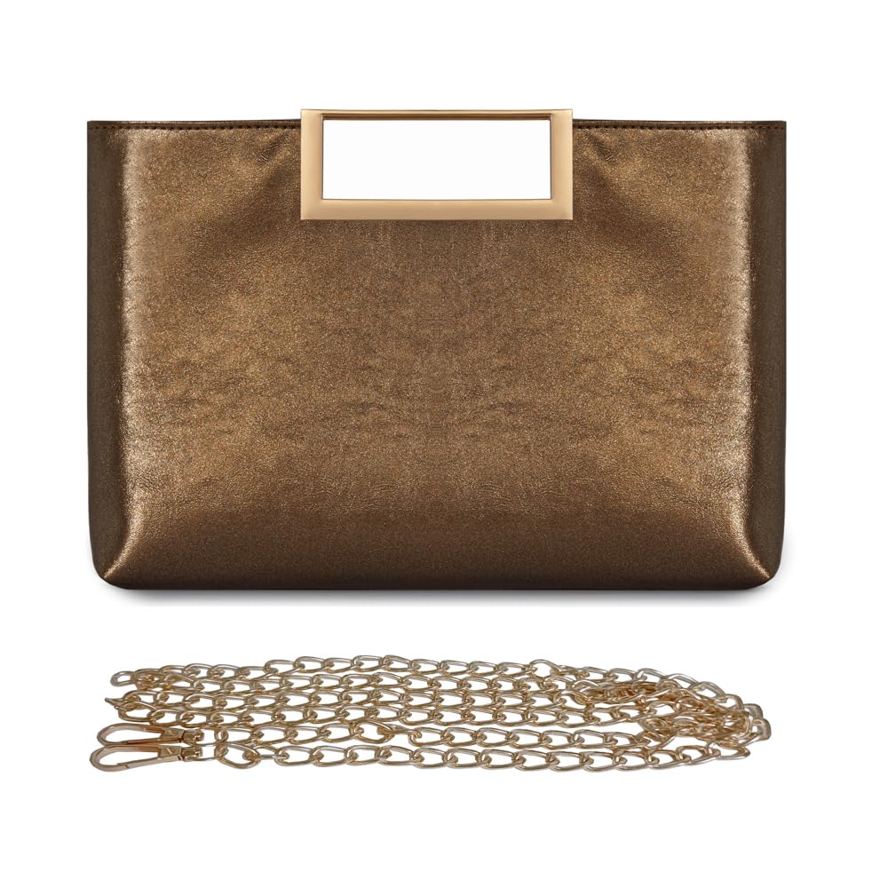 NIGEDU Women Clutch Purse PU Leather Chain Crossbody Bags Shiny Oversize Clutches Female Handbag Purses, Bronze