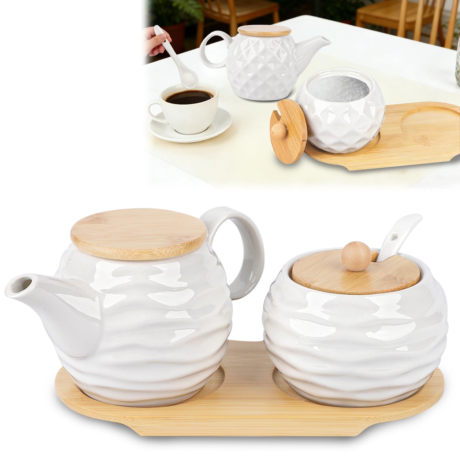 Juego de jarra de leche y azucarero de cerámica con tapa, juego de recipiente para azúcar y crema con bandeja para desayuno, té o entretener a los invitados