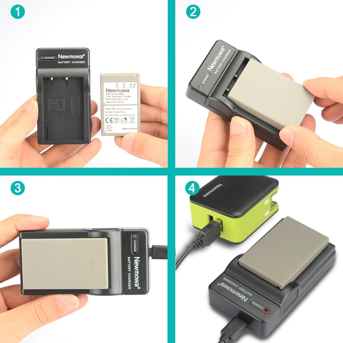 Newmowa Ersatz BLS-5 Batterie (2er Pack) und tragbar USB Ladegerät Kit für Olympus BLS-5, BLS-50, PS-BLS5 Olympus OM-D E-M10, Pen E-PL2, E-PL5, E-PL6, E-PL7, E-PM2, Stylus 1