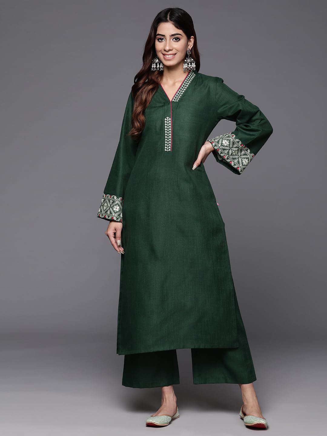 Varanga Women Green Embroidered Kurta With Long & Flared Sleeves, Tonal Bottom, Intricate Embroidery For A Chic & Comfortable Look