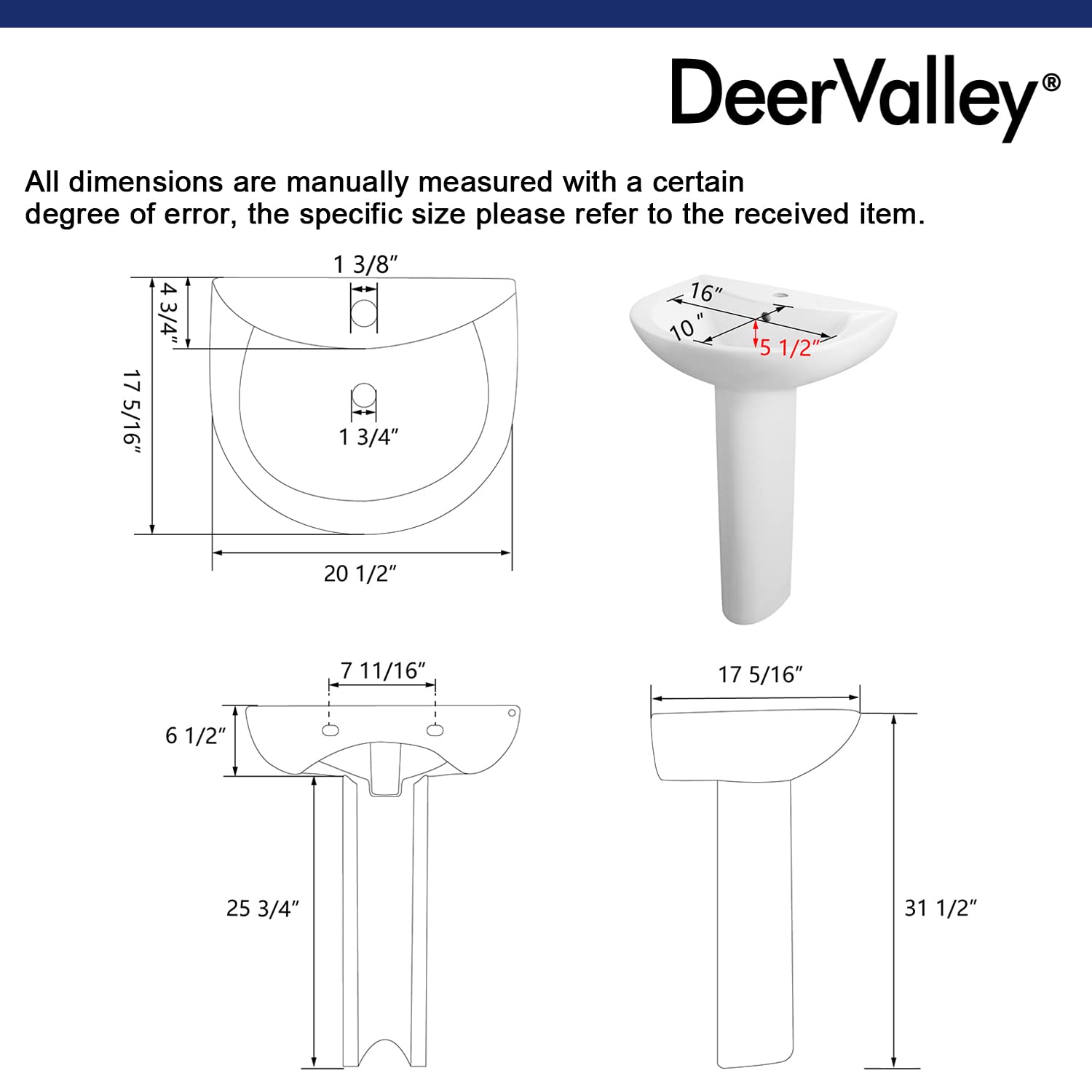 DeerValley Lavabo de pie Lavabo con Pedestal en Cerámica Blanco, con desbordamiento y agujero único preperforado(80 * 52 * 44cm)