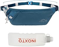 INOXTO Slim Reflective Running Belt Fanny Pack with 300ml Water Bottle Pocket - Fits Phones to 6.6" for Running, Hiking, Cycling Men Women (Black/Dark Blue)